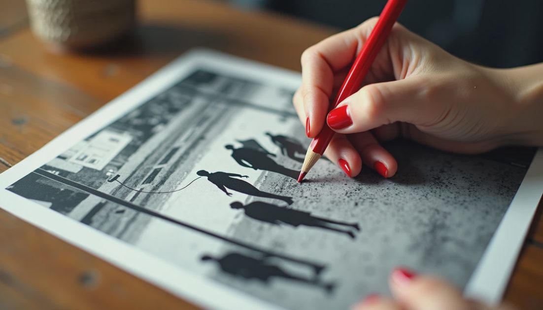 Hand marking revision notes on AI-generated art direction print