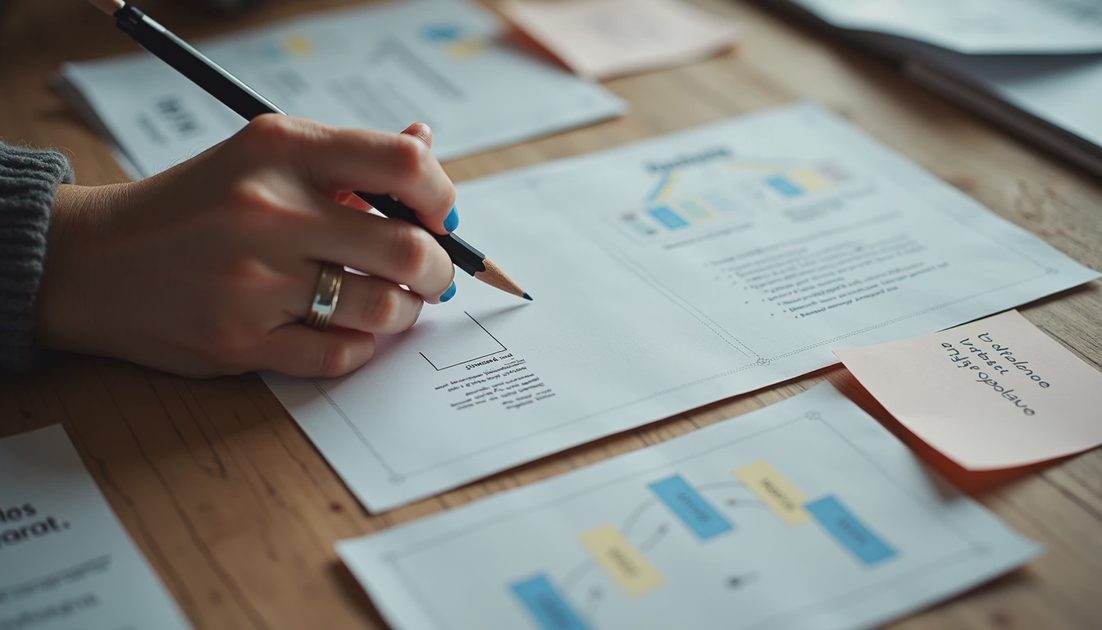 Designer marking hierarchy and spacing on AI-assisted product moodboard