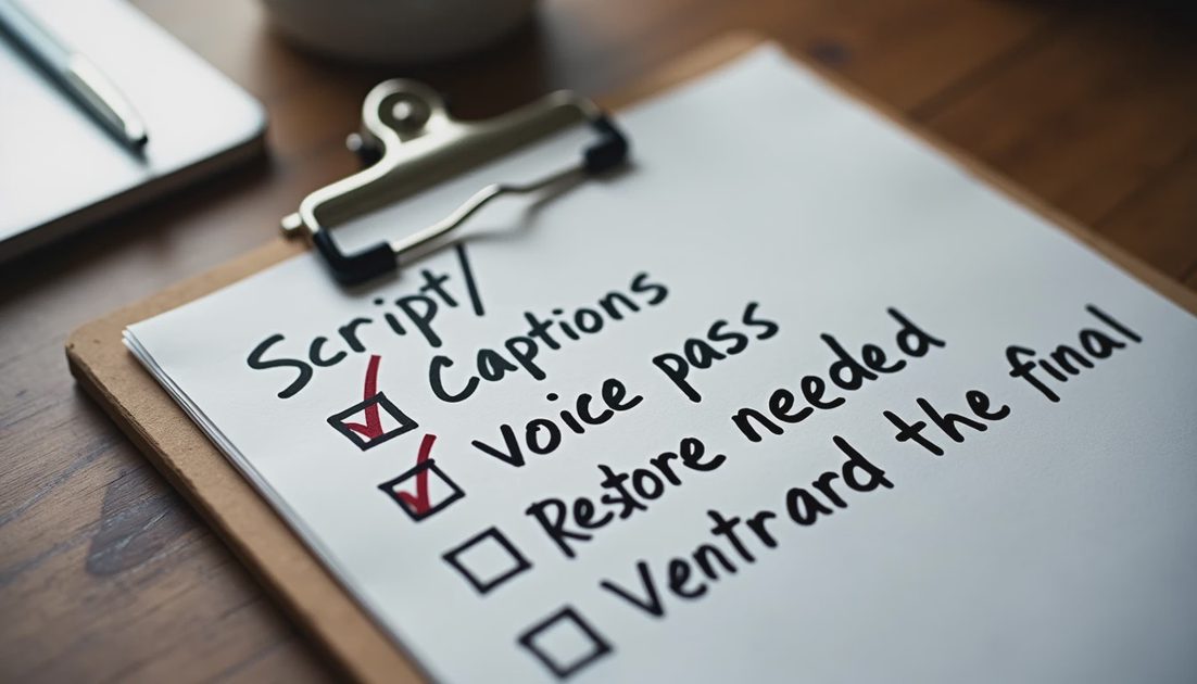 Handwritten checklist for preserving creator voice in AI video workflow