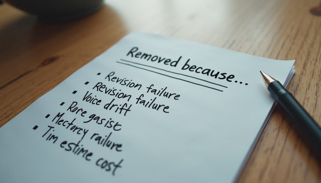 Handwritten reasons for removing AI tools from creative stack